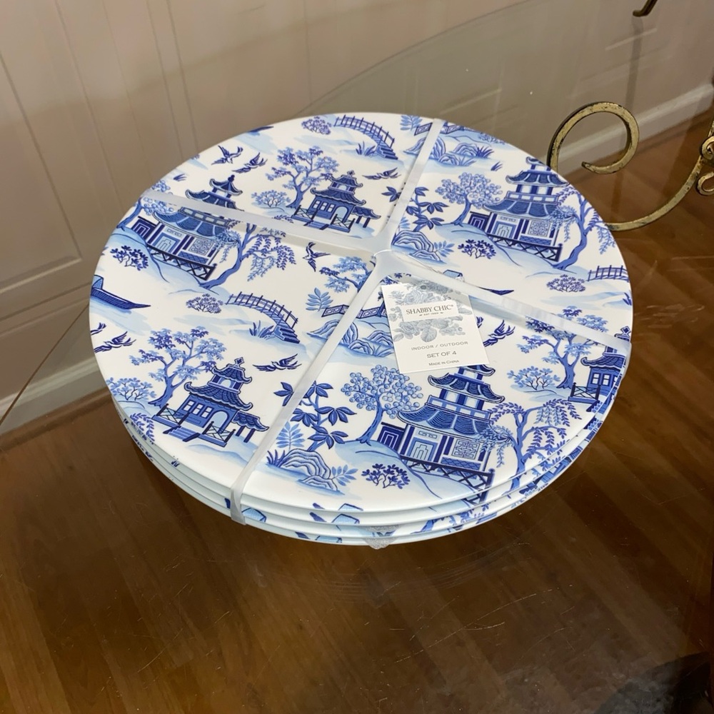 - Set 4 NEW Shabby Chic ASIAN salad  PLATES Blue Willow Chinoiserie MELAMINE 9”